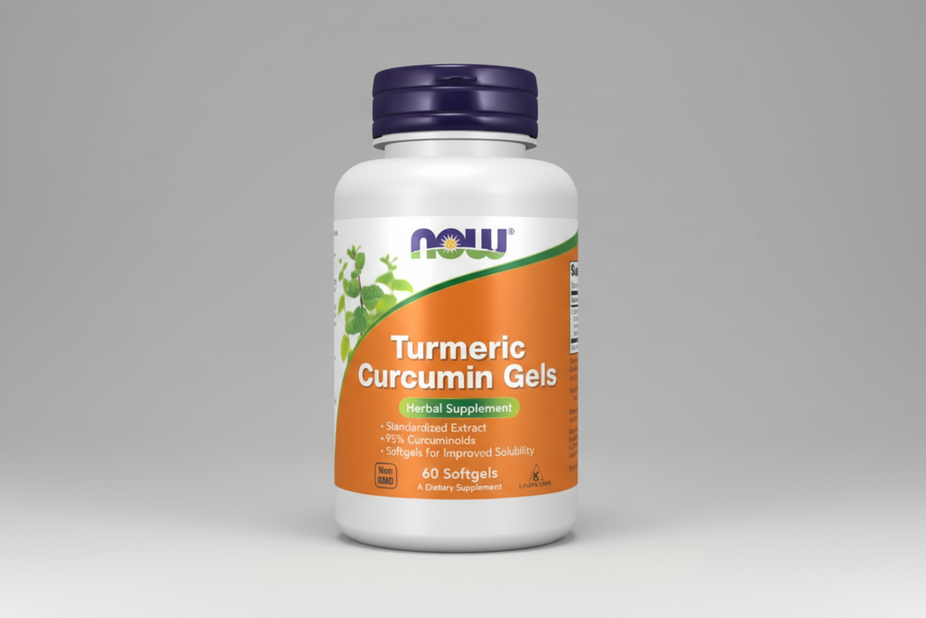 Turmeric Curcumin Gels supplement bottle with NOW brand label on an orange background