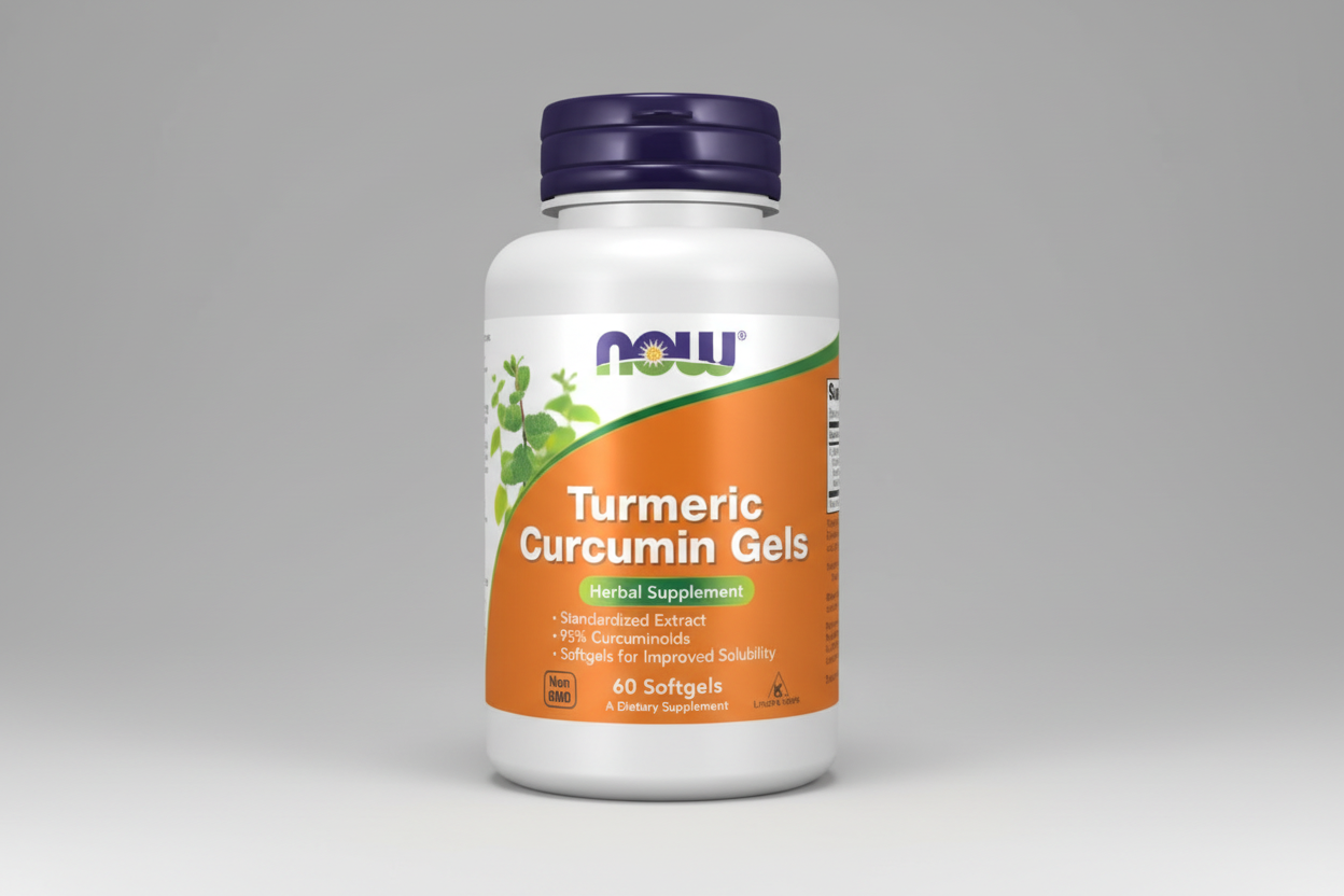 Turmeric Curcumin Gels supplement bottle with NOW brand label on an orange background