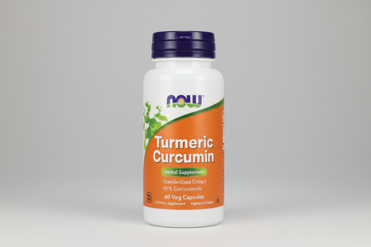 Supplement bottle labeled 'Turmeric Curcumin' with NOW brand on a white background