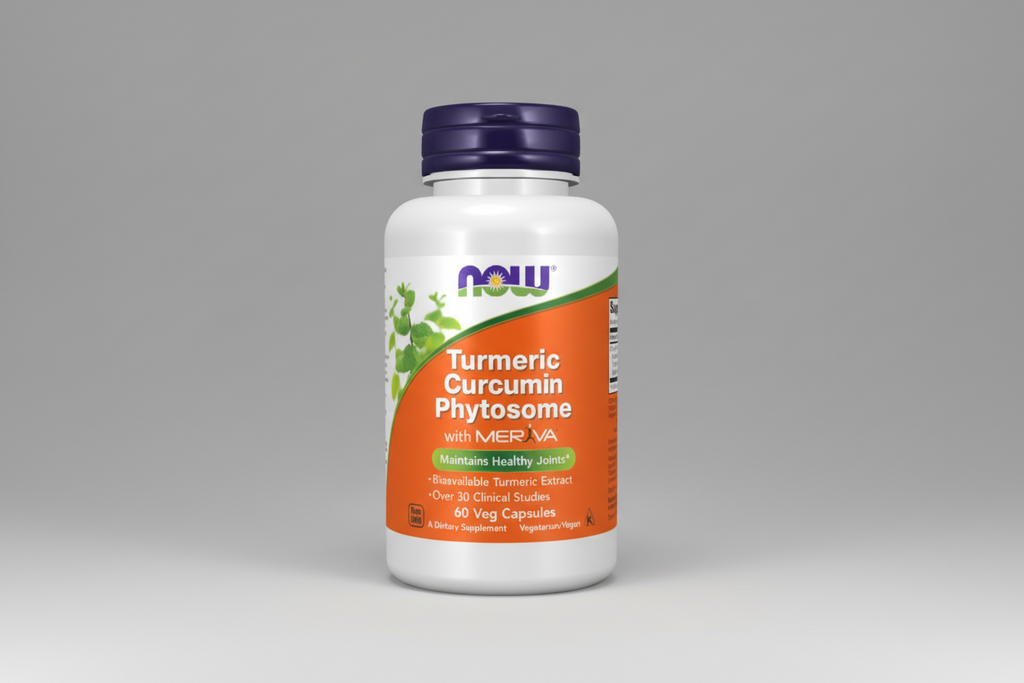 Supplement bottle labeled 'Turmeric Curcumin Phytosome' with NOW brand on a white background