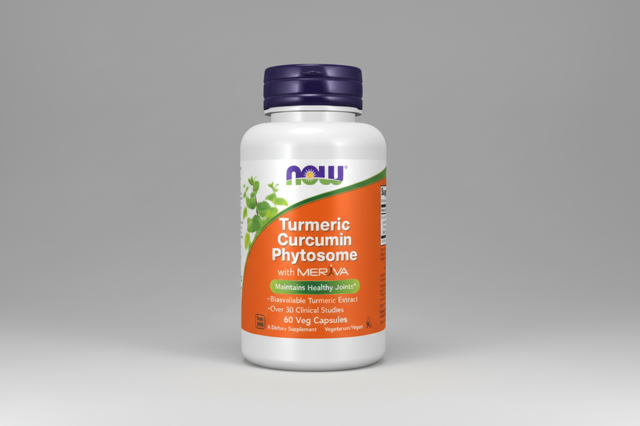 Supplement bottle labeled 'Turmeric Curcumin Phytosome' with NOW brand on a white background