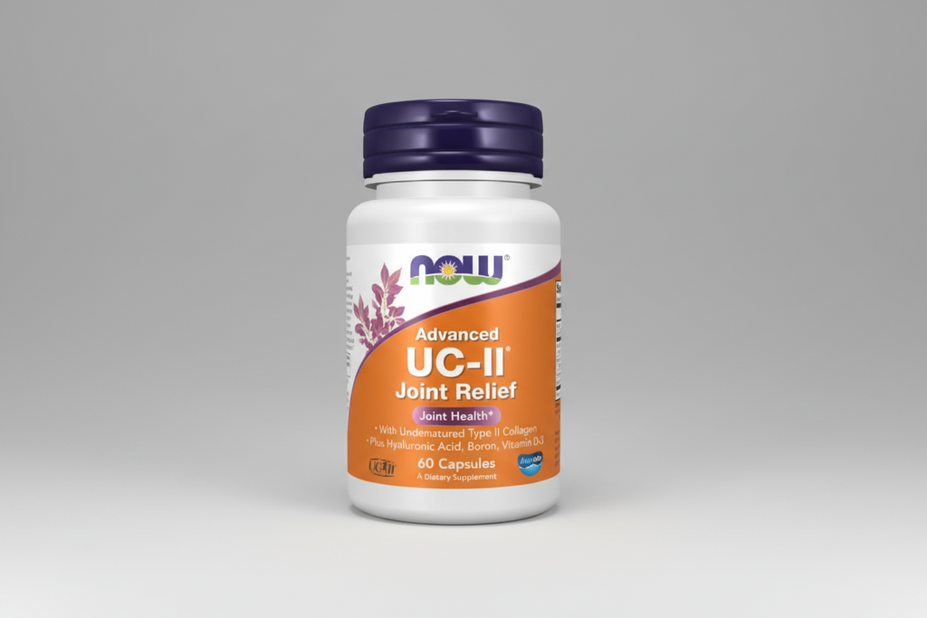 Supplement bottle labeled 'Advanced UC-II Joint Relief' by NOW on a white background