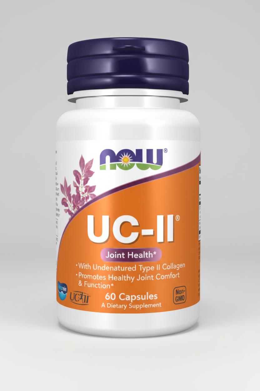 Supplement bottle labeled 'UC-II' with NOW brand on a white background