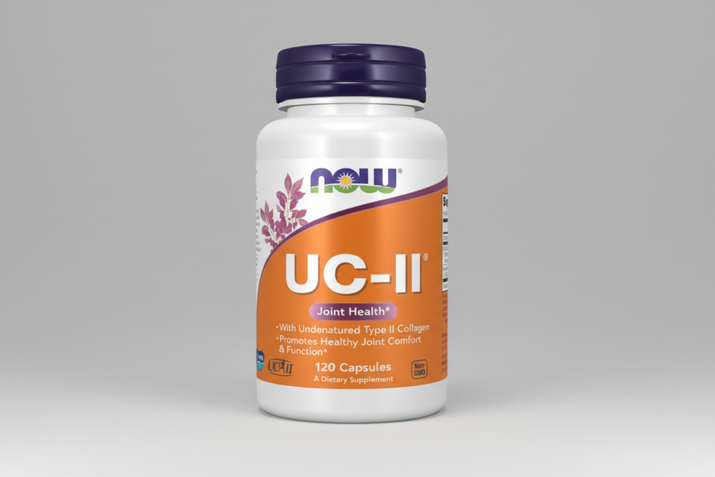Supplement bottle labeled 'UC-II Joint Health' with NOW brand on a white background