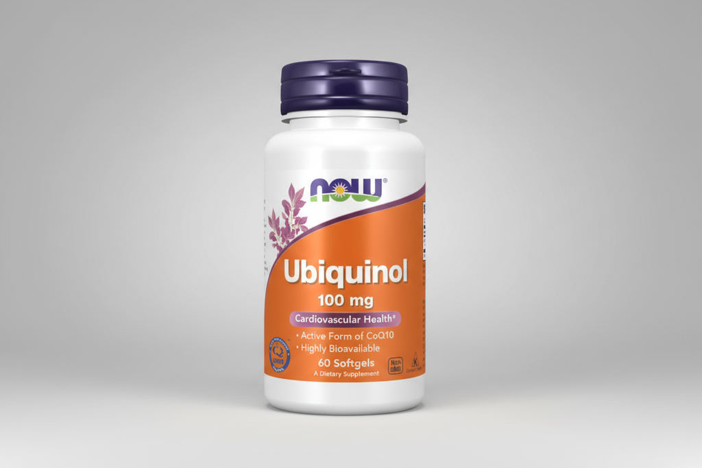 Supplement bottle labeled 'Ubiquinol' with NOW brand on a white background