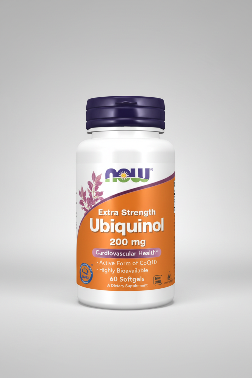 Supplement bottle labeled 'Extra Strength Ubiquinol 200 mg' with NOW brand on a white background
