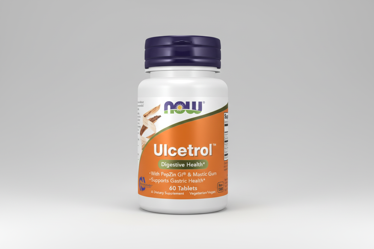 Supplement bottle labeled 'Ulcetrol' by NOW on a white background