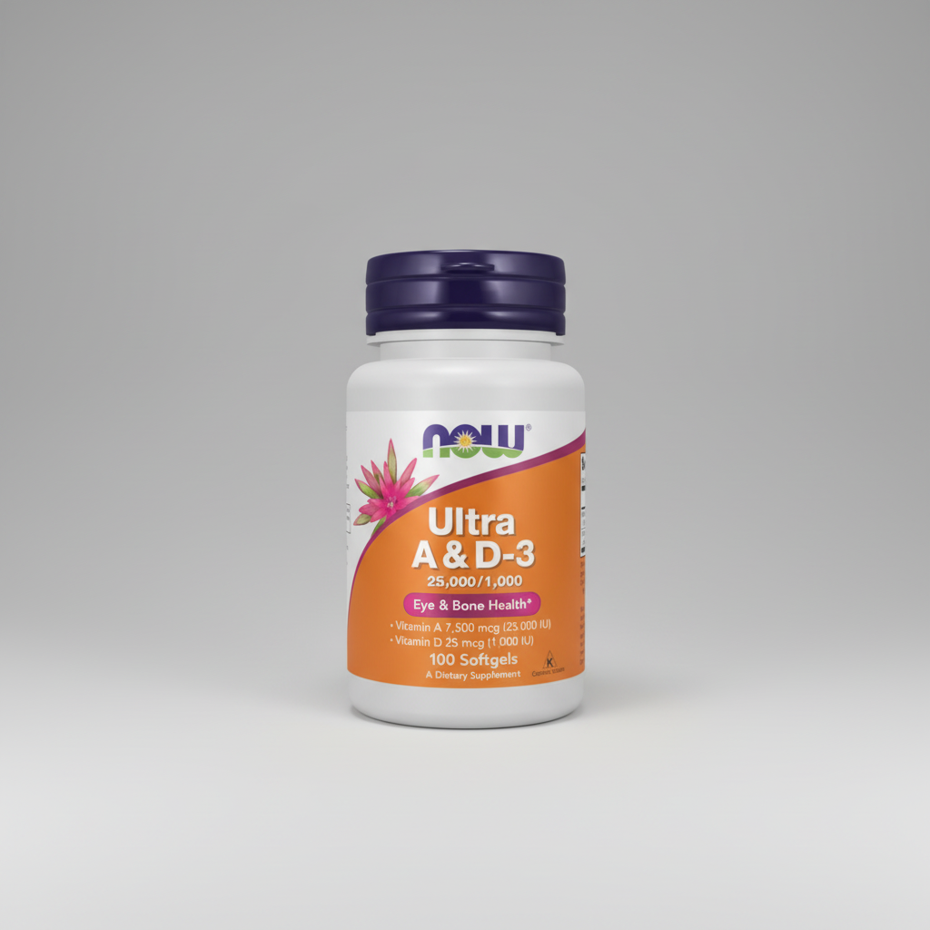 Supplement bottle labeled 'Ultra A & D-3' by NOW on a white background