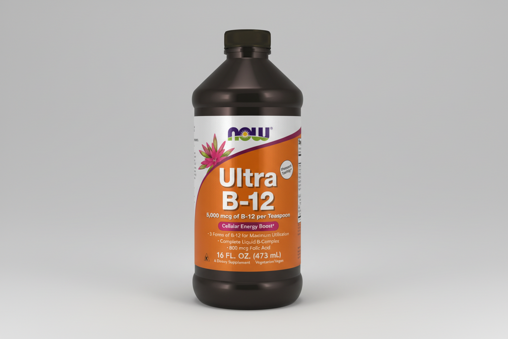 Bottle of NOW Ultra B-12 supplement on a white background