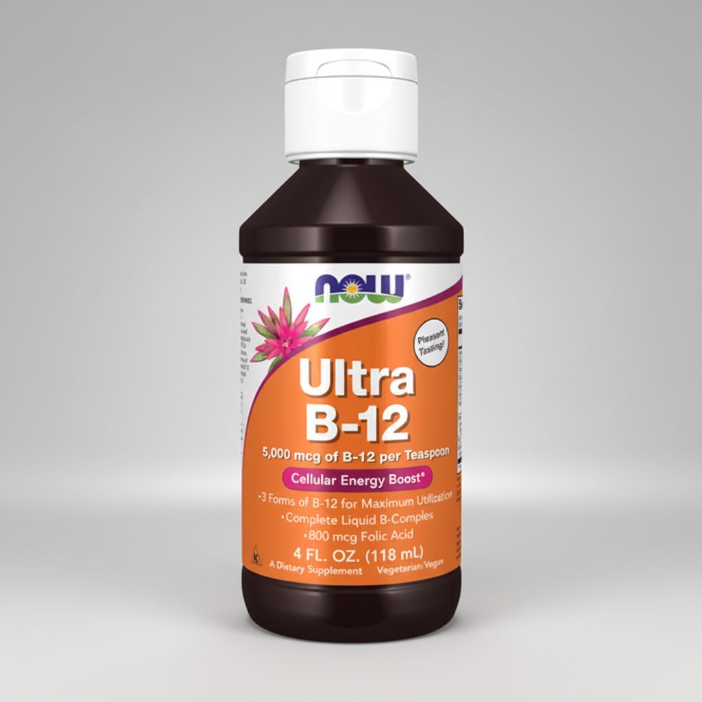 B12 supplement bottle with orange label on a white background