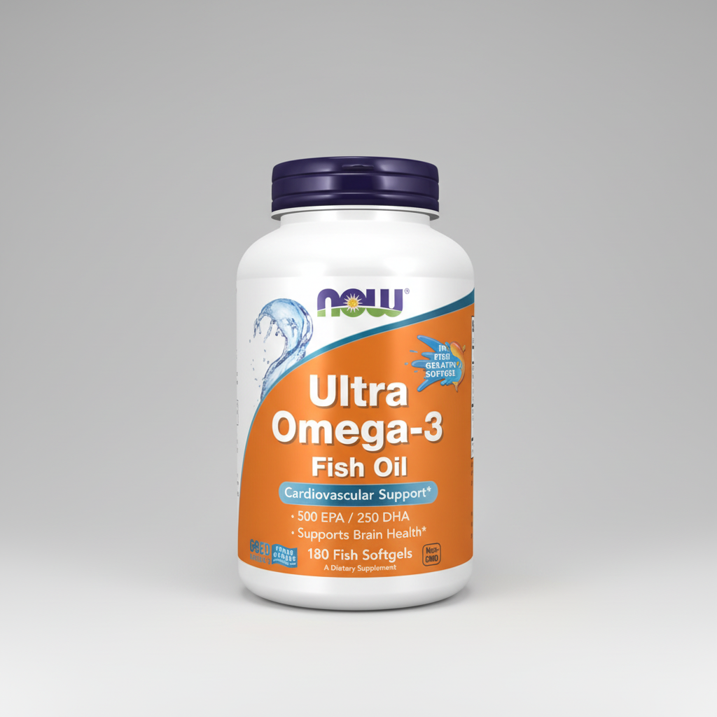 Supplement bottle of Ultra Omega-3 Fish Oil with NOW brand on a white background