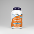 Supplement bottle of Ultra Omega-3 Fish Oil with NOW brand on a white background