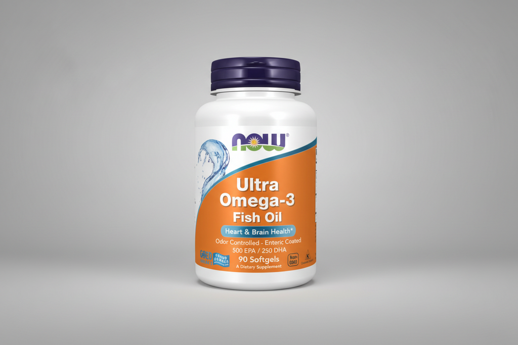 Bottle of NOW Ultra Omega-3 Fish Oil on a white background
