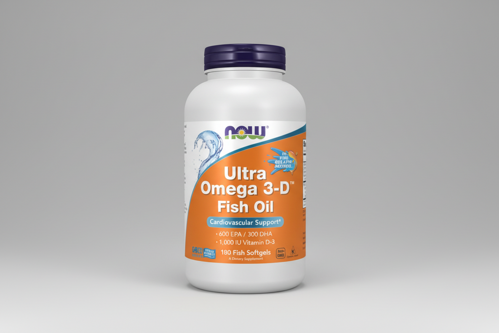 Bottle of Ultra Omega 3-D Fish Oil supplement on a white background