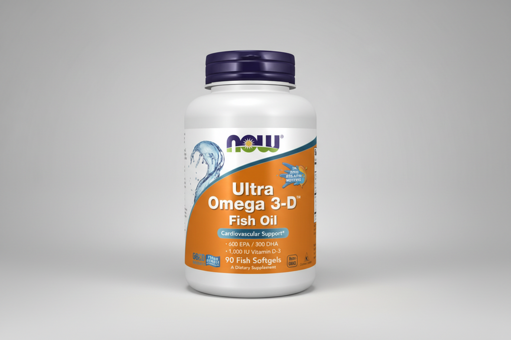Supplement bottle of Ultra Omega 3-D Fish Oil with NOW brand on a white background