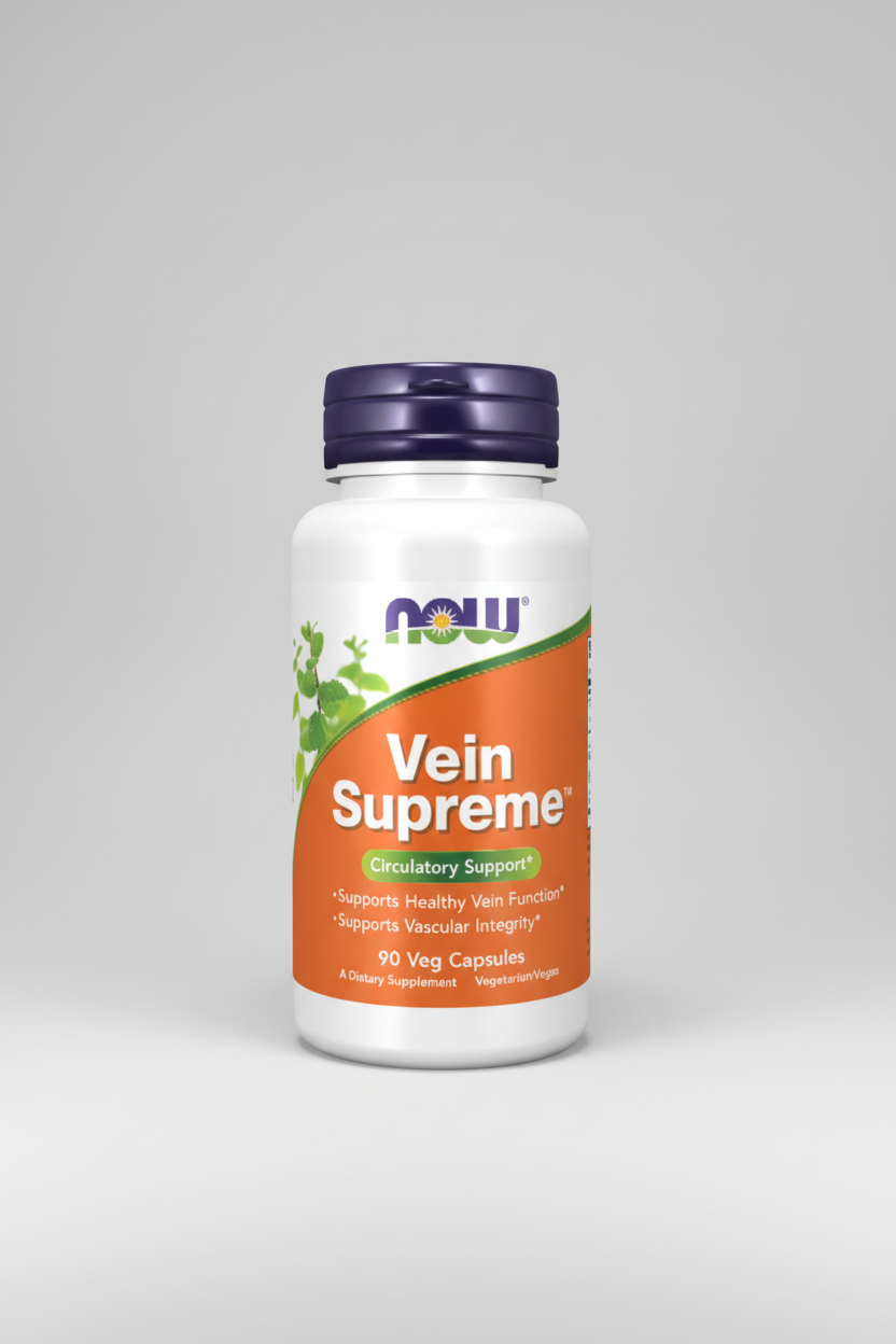 Supplement bottle labeled 'Vein Supreme' with NOW brand on a white background