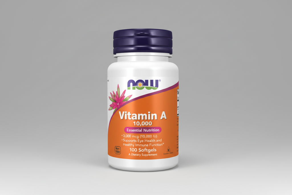 Supplement bottle labeled 'Vitamin A 10,000' with NOW brand on a white background