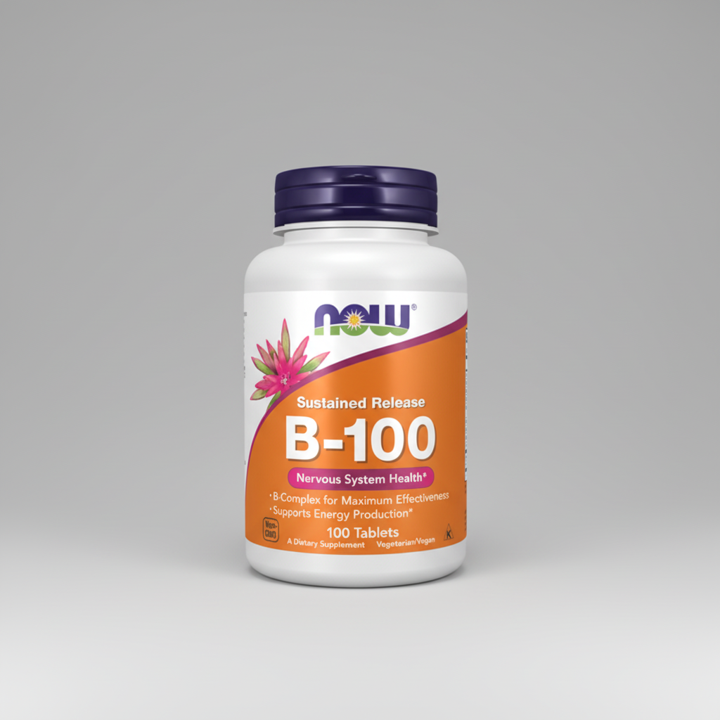 Supplement bottle labeled 'B-100' with Now brand on a white background