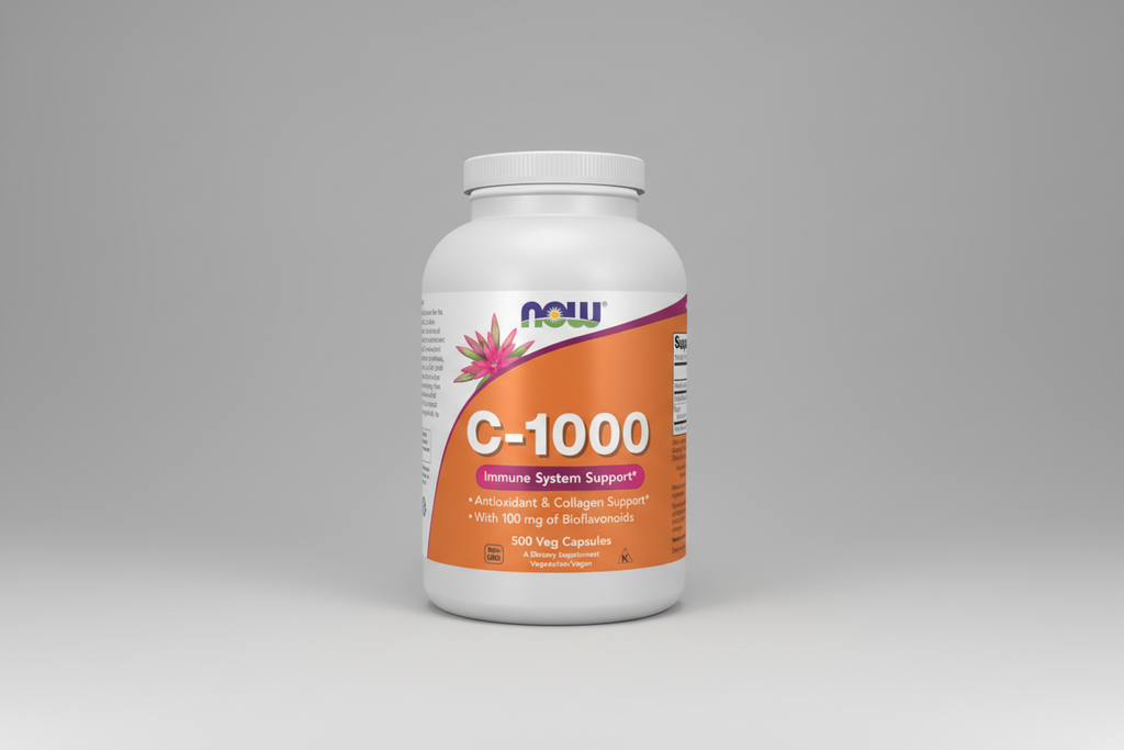 Supplement bottle labeled 'C-1000' with Now brand on a white background