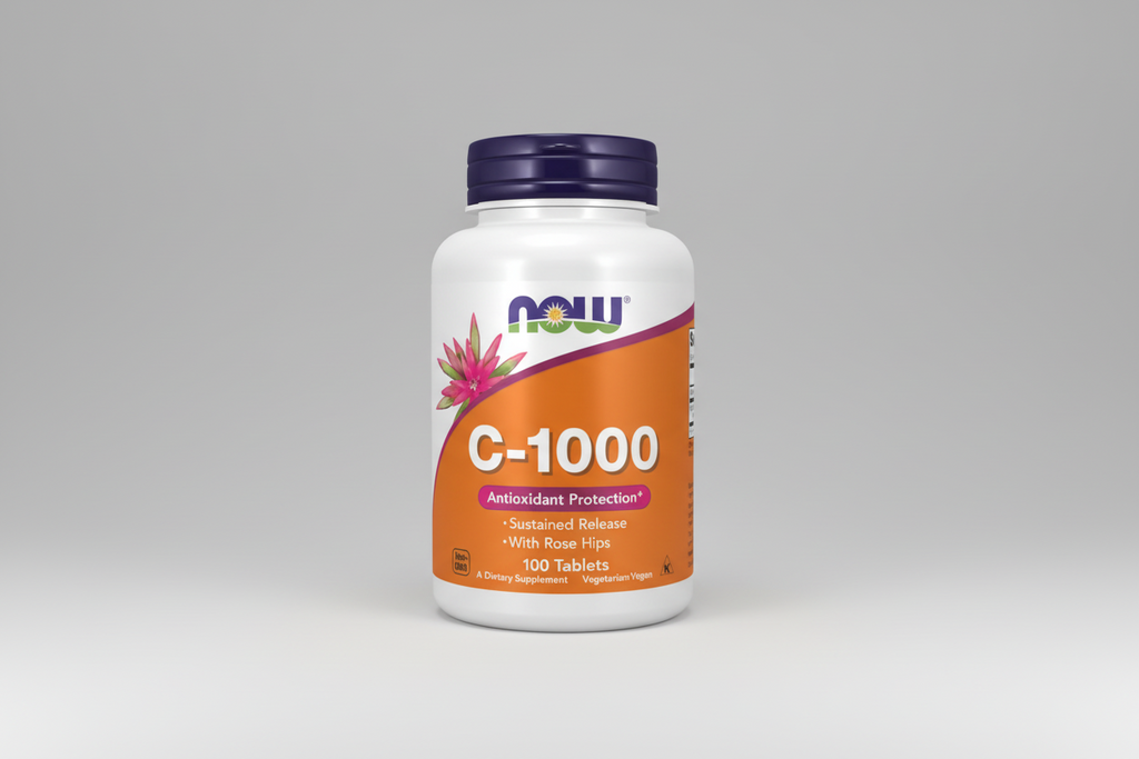 Supplement bottle labeled 'C-1000' with NOW brand on a white background