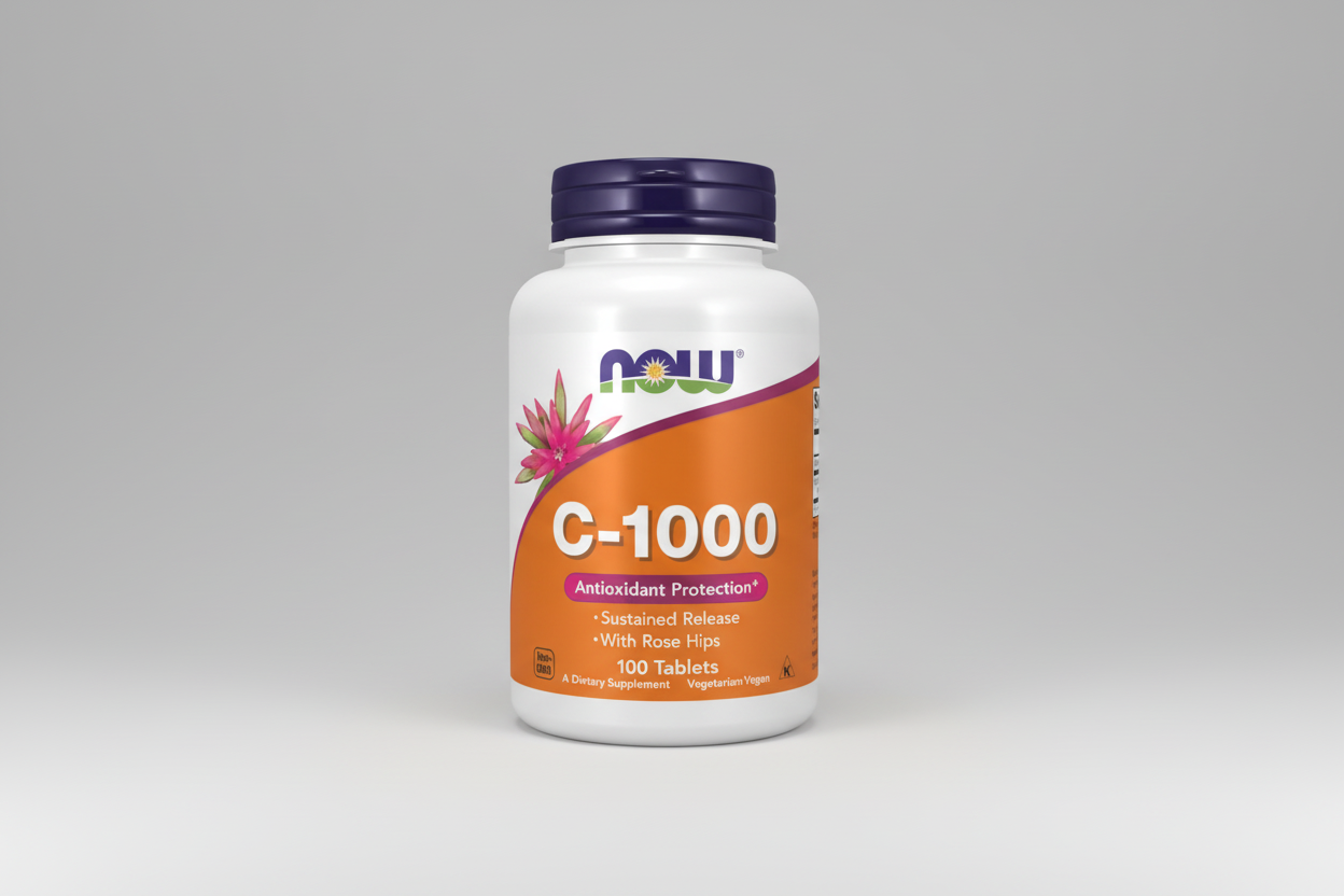 Supplement bottle labeled 'C-1000' with NOW brand on a white background