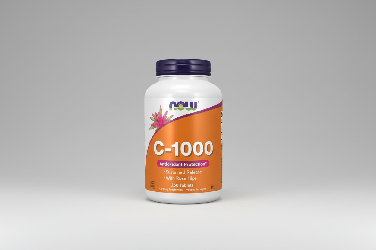 Supplement bottle labeled 'C-1000' with NOW brand on a white background