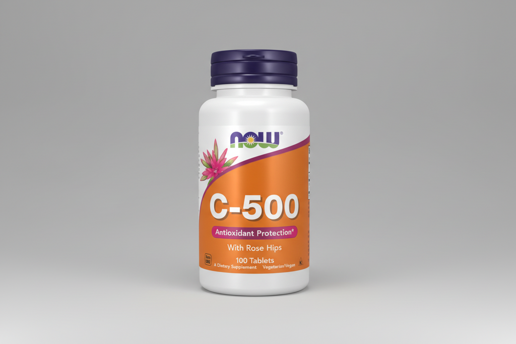 Supplement bottle labeled C-500 with Now brand on a white background