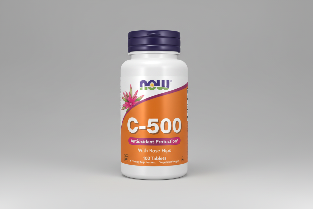 Supplement bottle labeled C-500 with Now brand on a white background
