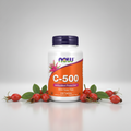 Supplement bottle labeled 'C-500' with Now brand on a white background