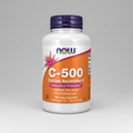Supplement bottle labeled 'C-500 Calcium Ascorbate-C' with NOW brand on a white background
