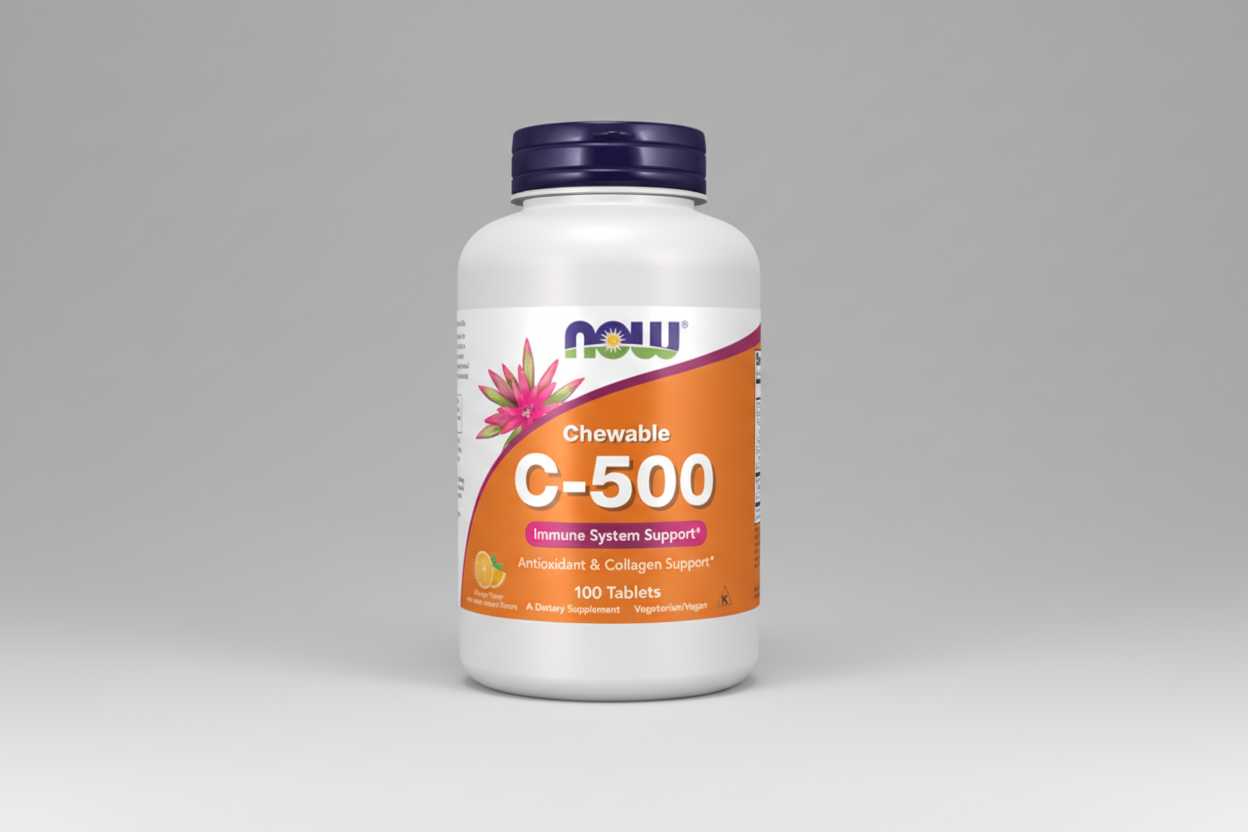 Supplement bottle labeled 'C-500' with Now brand on a white background