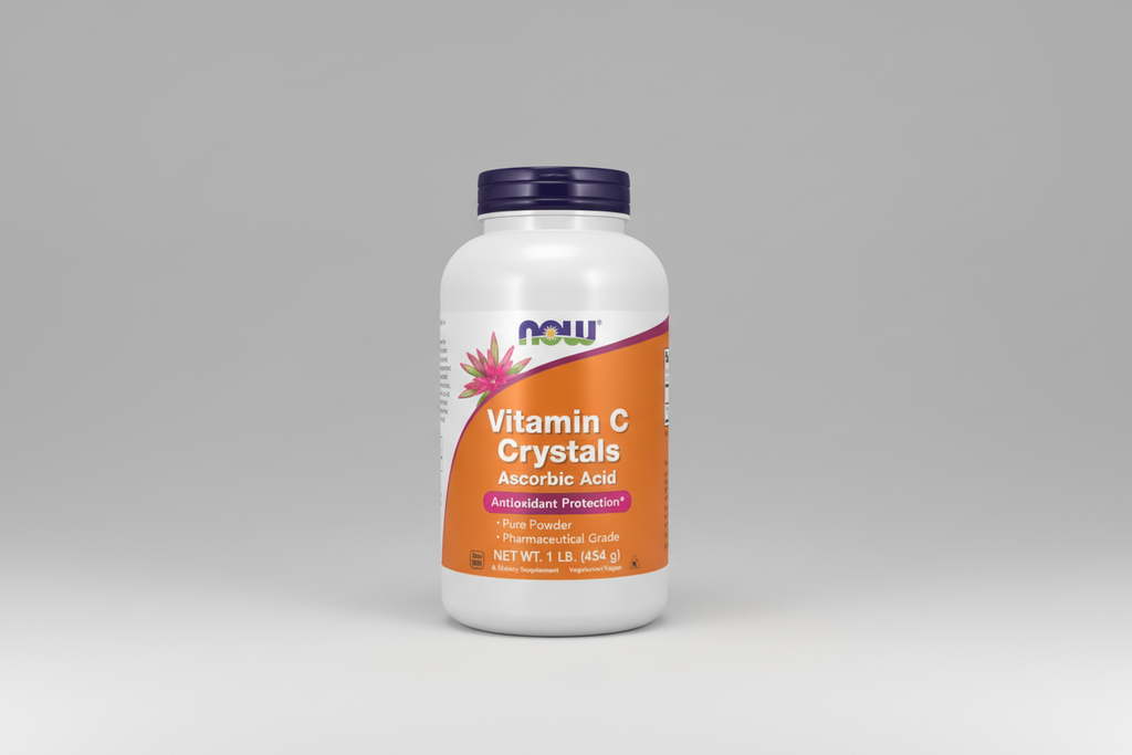 Vitamin C crystals supplement bottle with orange label on a white background