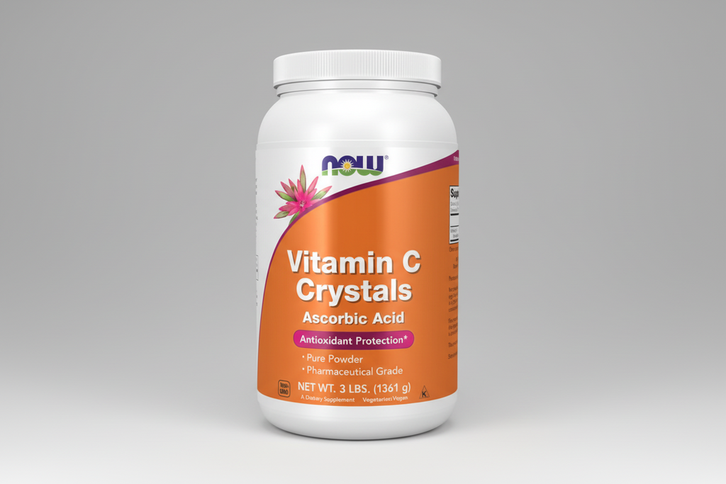 Vitamin C Crystals container with NOW brand on a white background