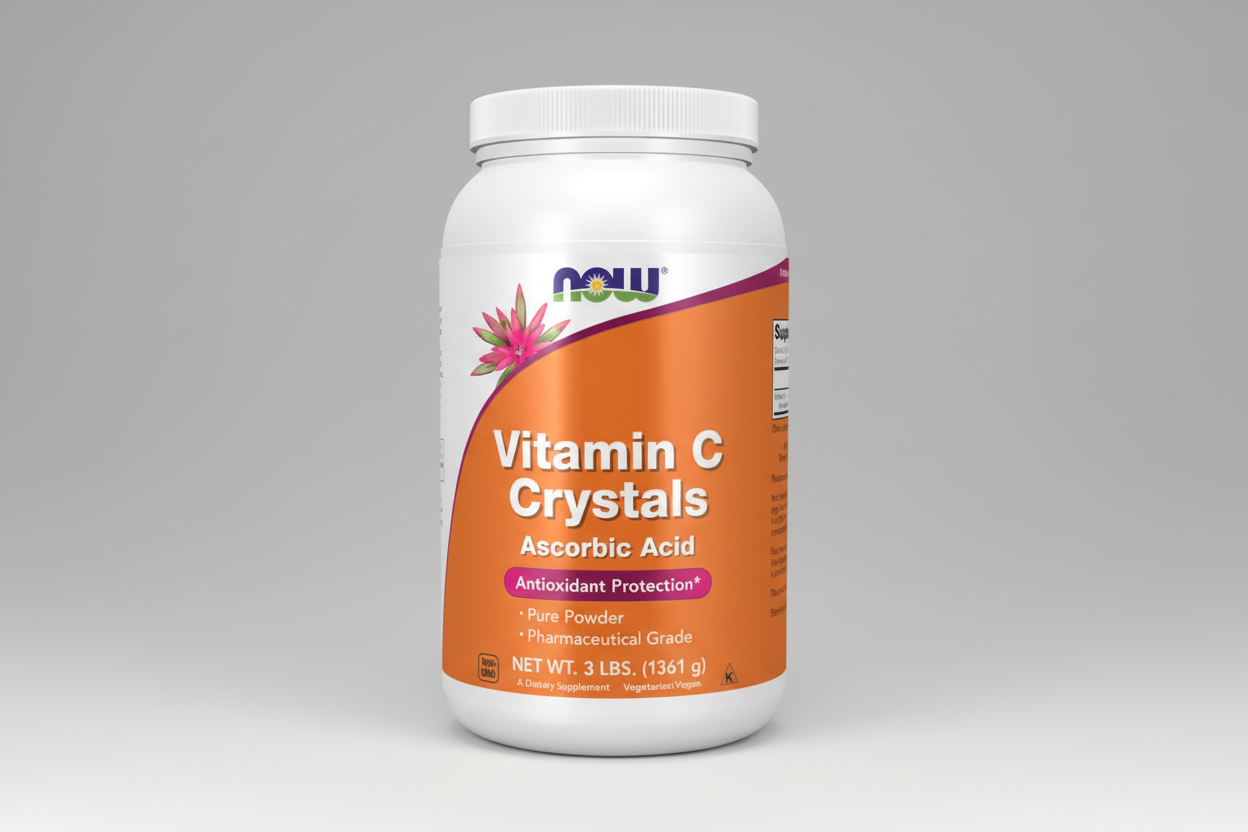 Vitamin C Crystals container with NOW brand on a white background