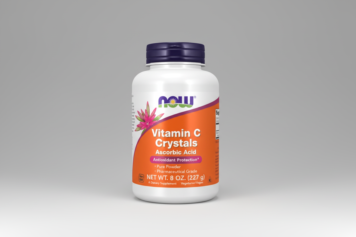 Vitamin C crystals bottle with NOW brand on a white background