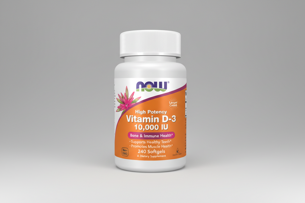 Supplement bottle labeled 'High Potency Vitamin D-3 10,000 IU' by NOW on a white background