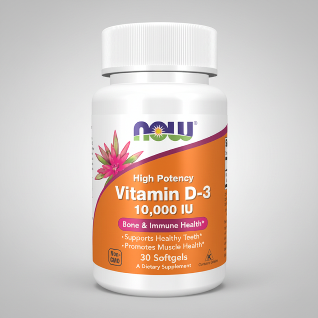 Supplement bottle labeled 'High Potency Vitamin D-3 10,000 IU' by NOW on a white background