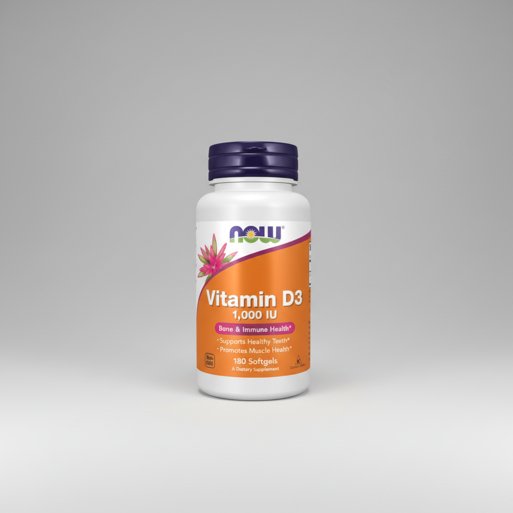 Supplement bottle labeled 'Vitamin D3 1,000 IU' with NOW brand on a white background