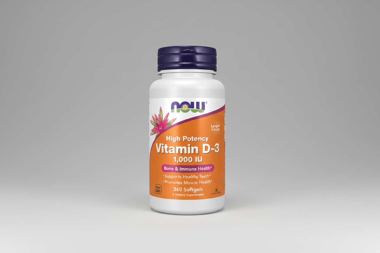 Vitamin D-3 supplement bottle with NOW brand on a white background