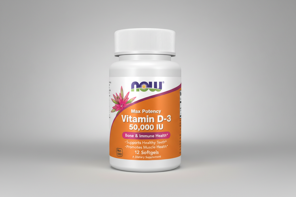Supplement bottle labeled 'Max Potency Vitamin D-3 50,000 IU' by NOW on a white background