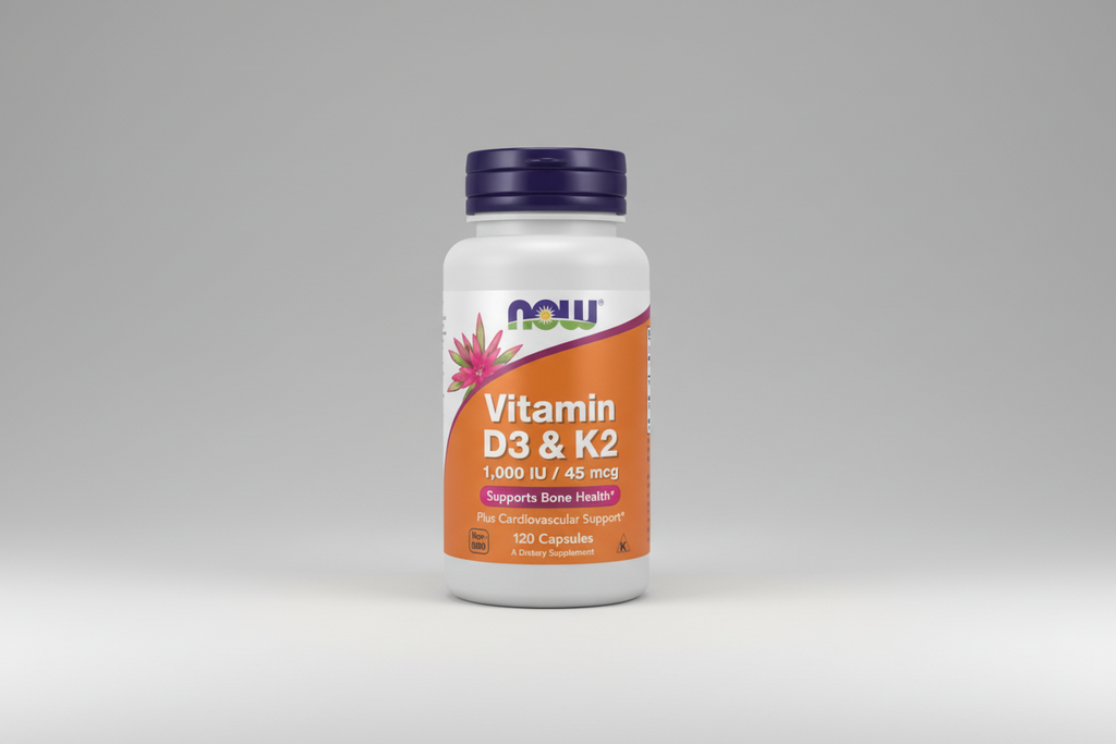 Supplement bottle labeled 'Vitamin D3 & K2' by NOW on a white background