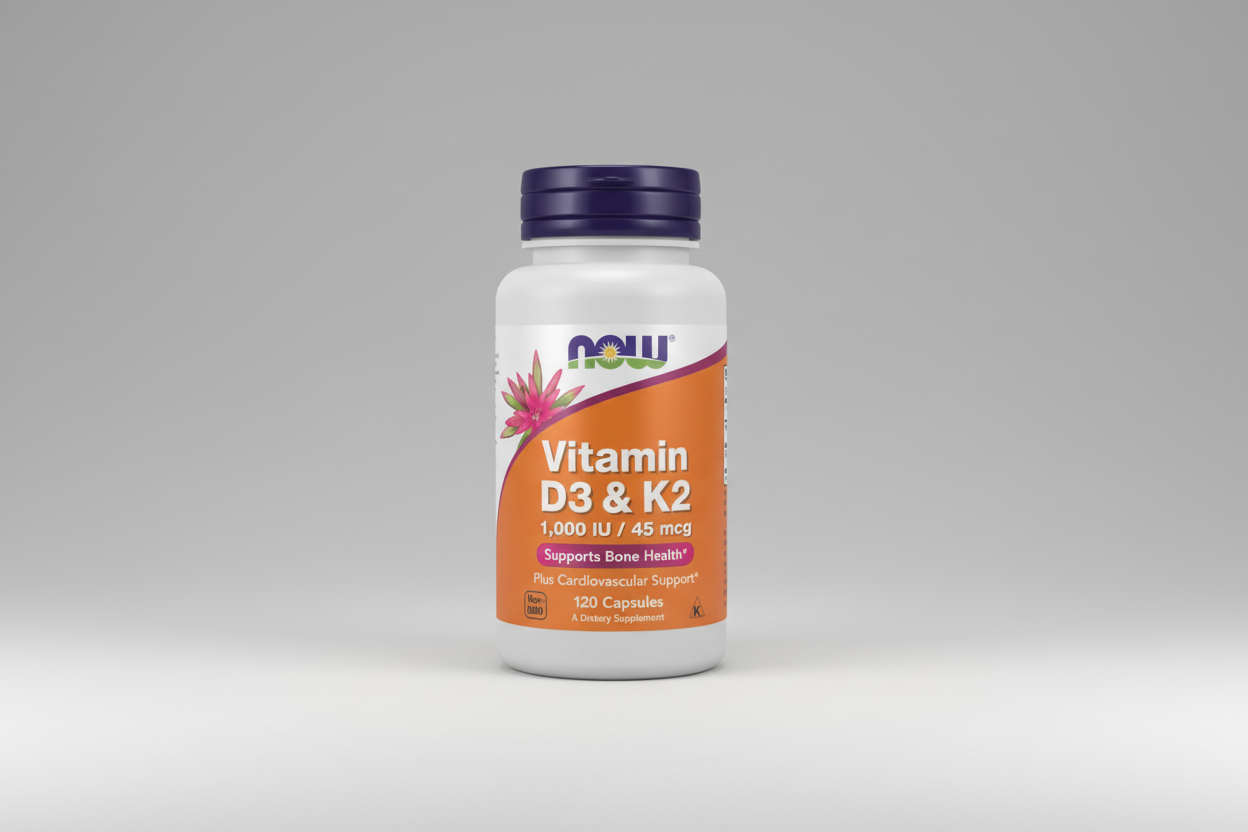 Supplement bottle labeled 'Vitamin D3 & K2' by NOW on a white background