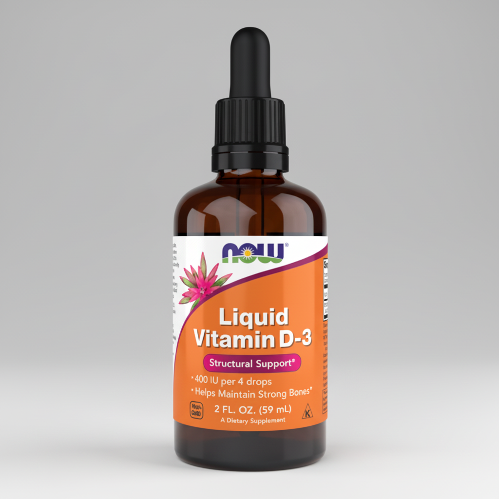 Bottle of NOW Liquid Vitamin D-3 on a white background