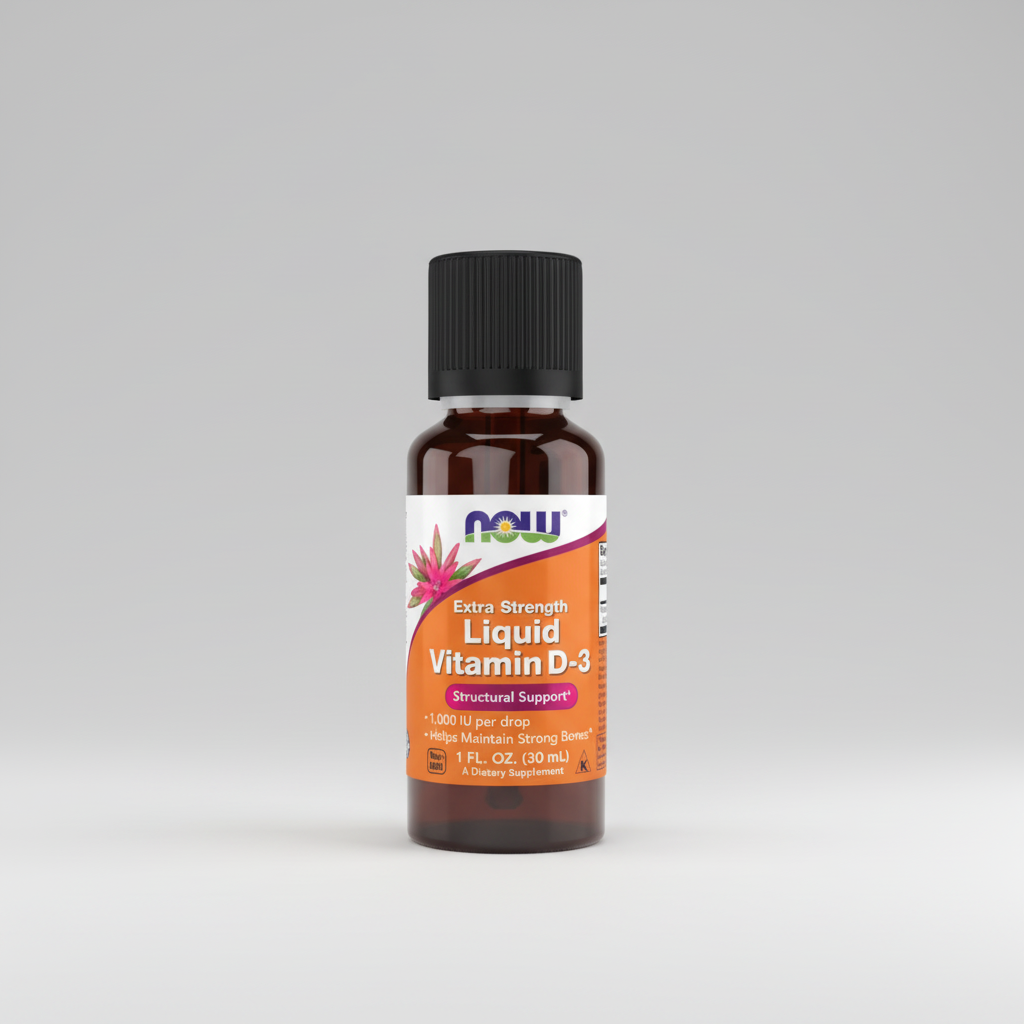 Bottle of Now Extra Strength Liquid Vitamin D-3 on a white background