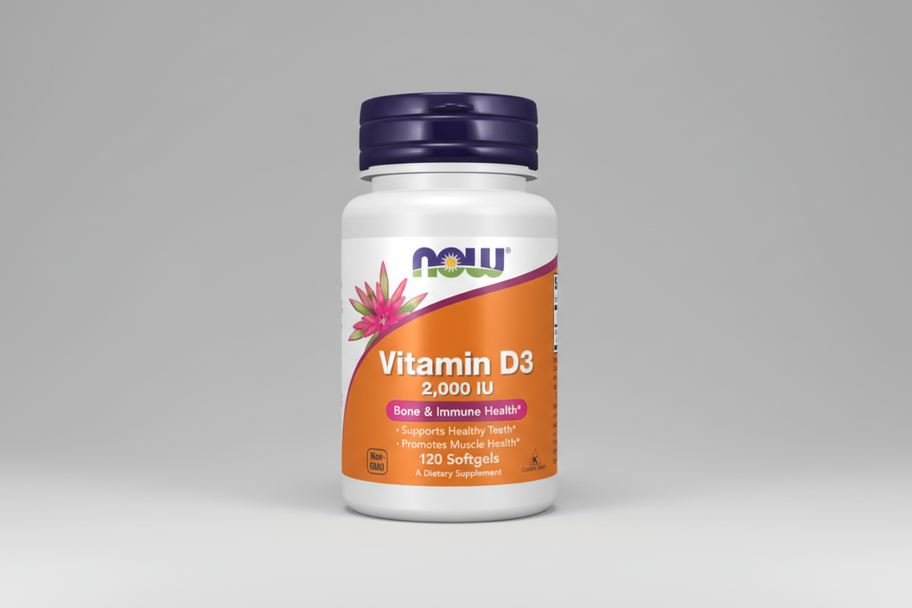 Supplement bottle labeled 'Vitamin D3 2,000 IU' by NOW on a white background