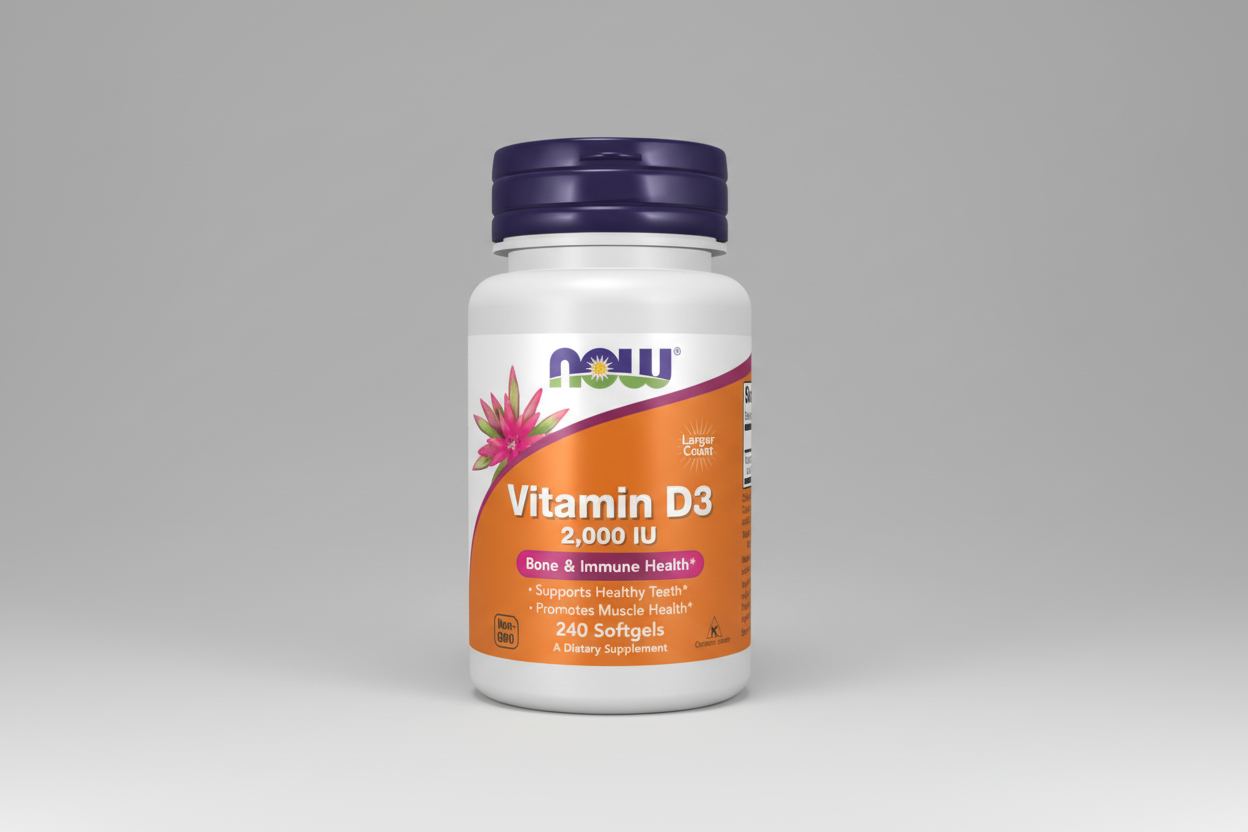 Vitamin D3 supplement bottle with Now brand on a white background