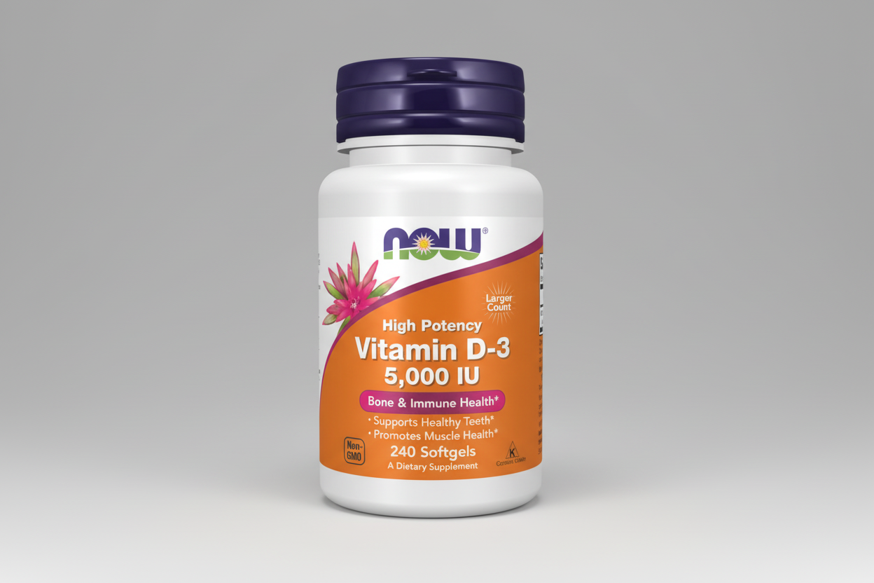 Supplement bottle labeled 'High Potency Vitamin D-3 5,000 IU' by NOW on a white background