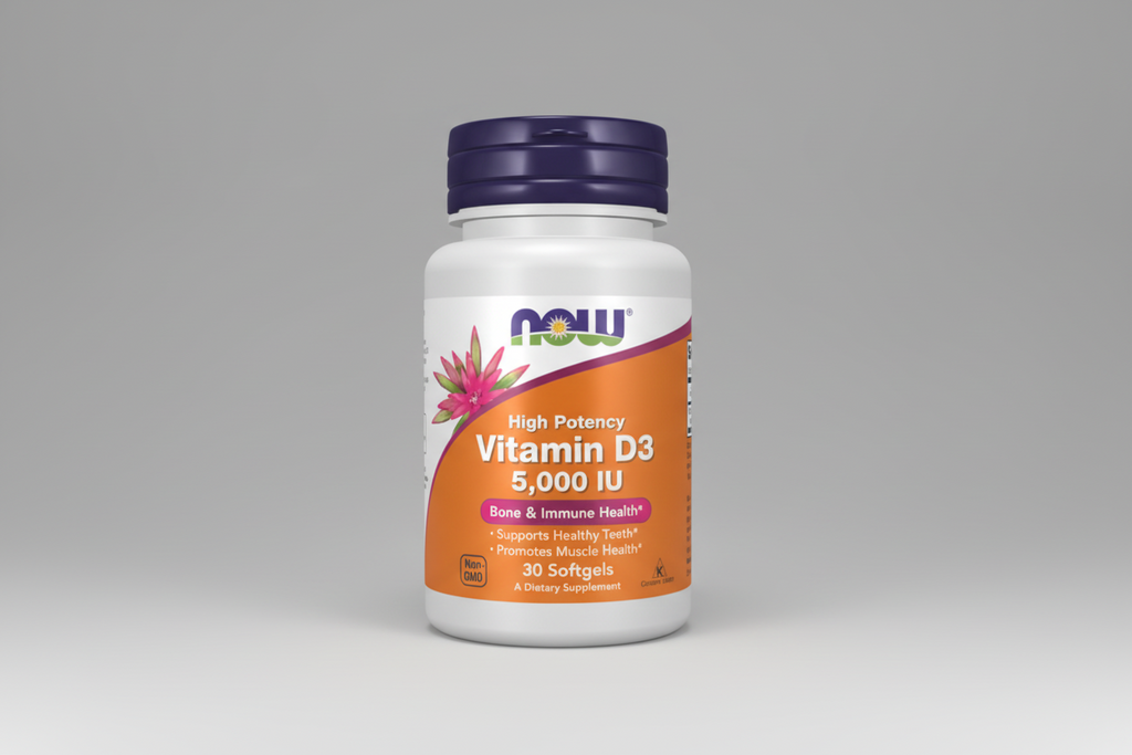 Vitamin D3 supplement bottle with Now brand on a white background