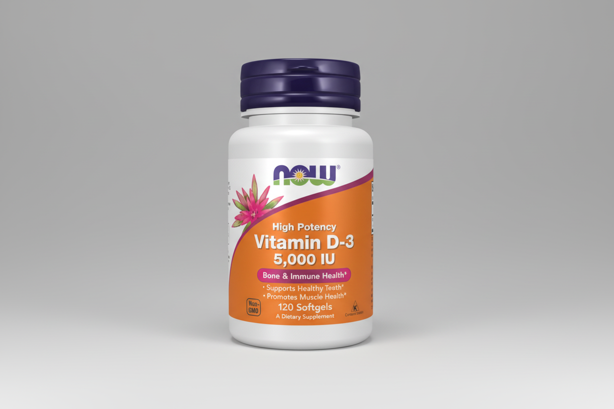 Supplement bottle labeled 'High Potency Vitamin D-3 5,000 IU' by NOW on a white background