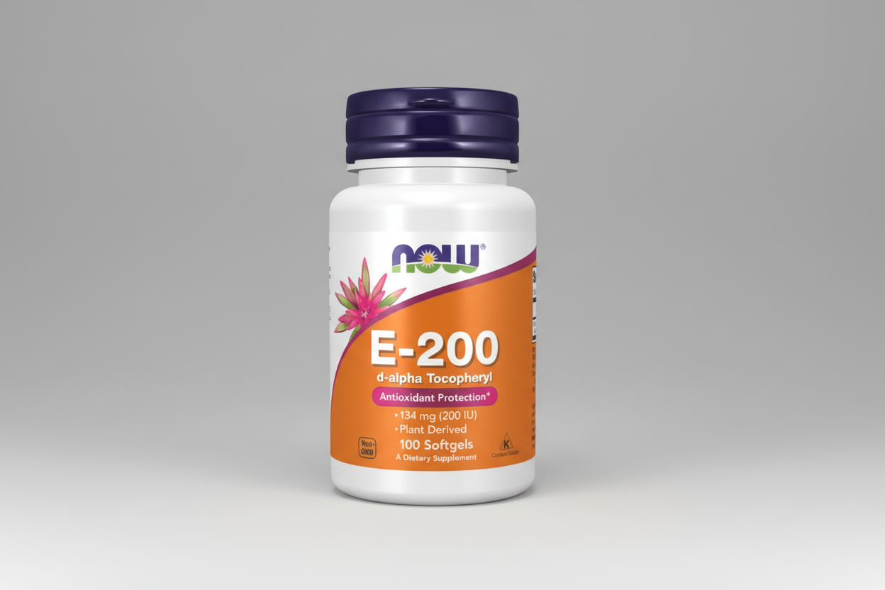 Supplement bottle labeled 'E-200' with Now brand on a white background